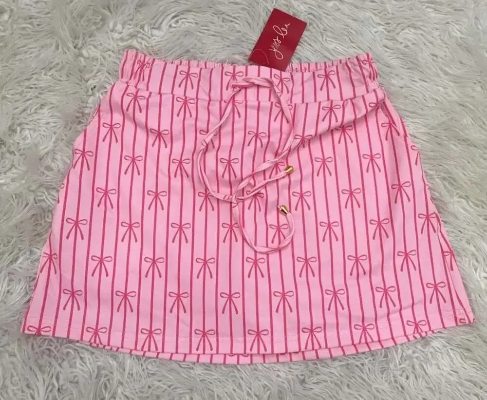 Jess Lea Small Pink Skirt With Bows and Stripes NWT